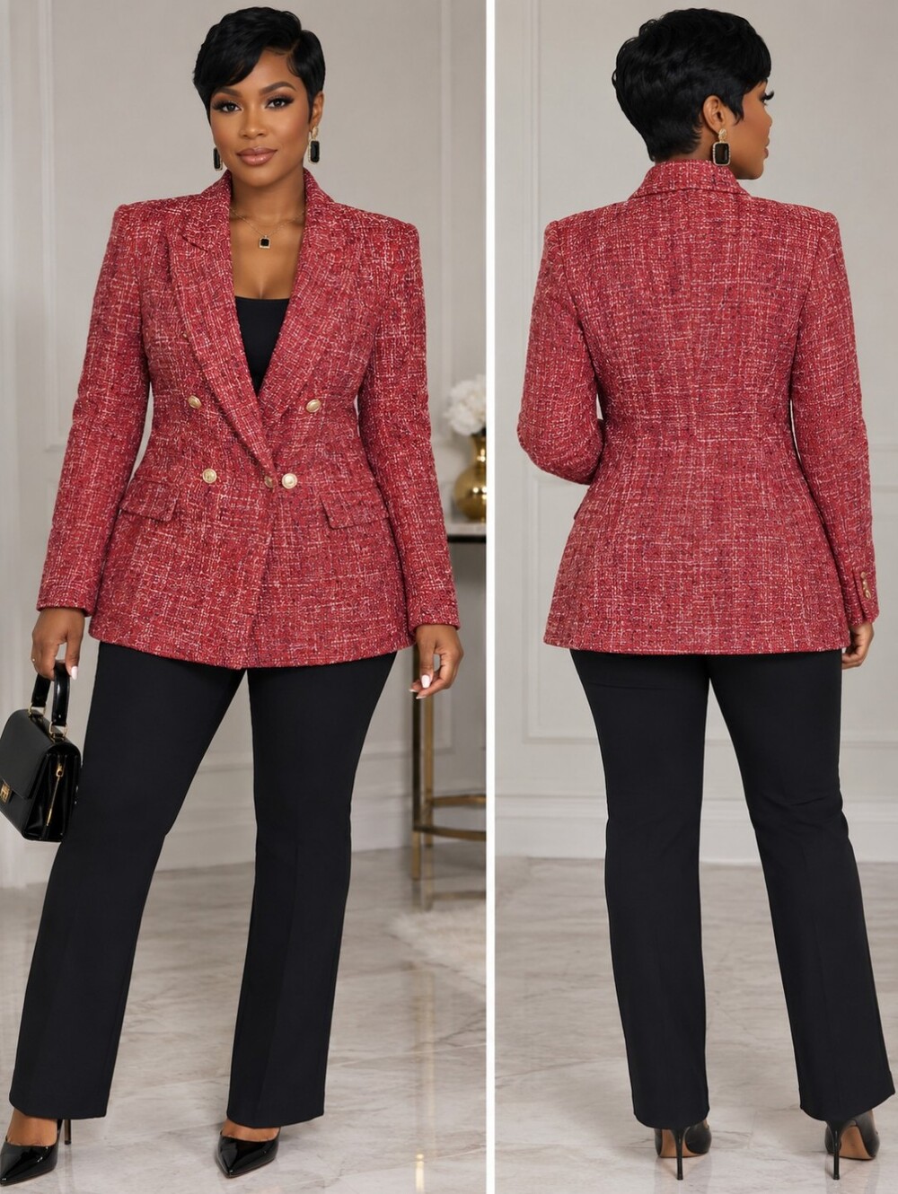 Zara Red Tweed Double-Breasted Blazer with Gold Buttons